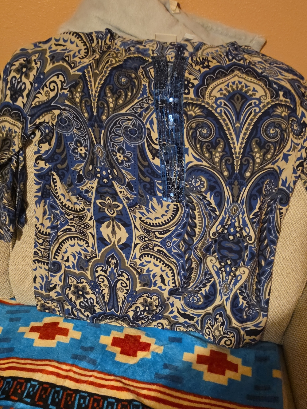 Chico's Blue and Cream Paisley-Sequin Blouse